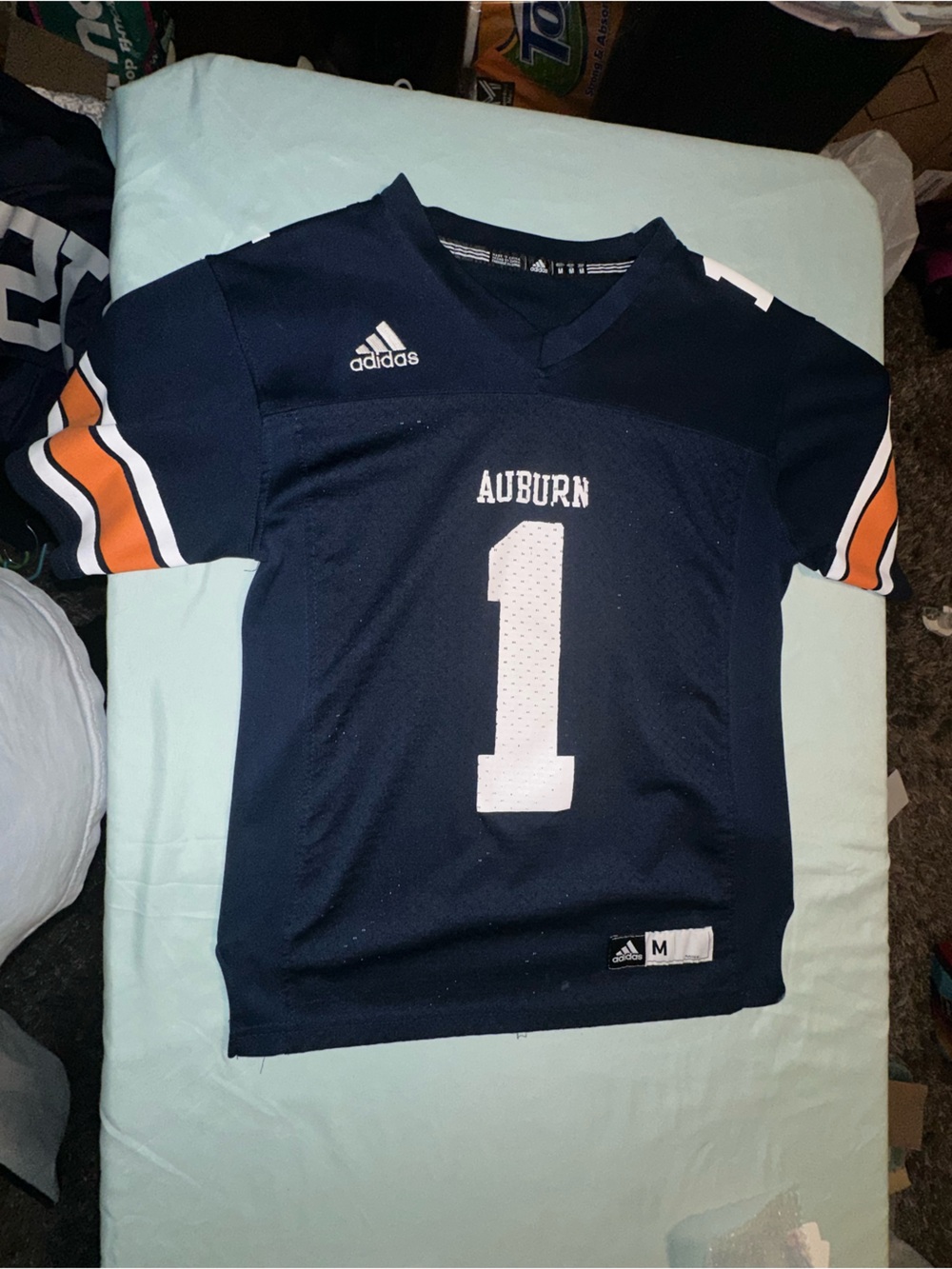 adidas Navy Jersey with White Number and Orange Sleeve Stripes